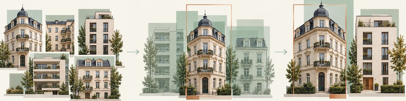 Drei Gruppen von Wohngebäuden nebeneinander, durch Pfeile verbunden: links mehrere Häuser als gewachsener Bestand, in der Mitte derselbe Bestand blassgrün zurückgenommen bis auf ein kupfern umrandetes Gebäude, rechts dieses Gebäude allein.